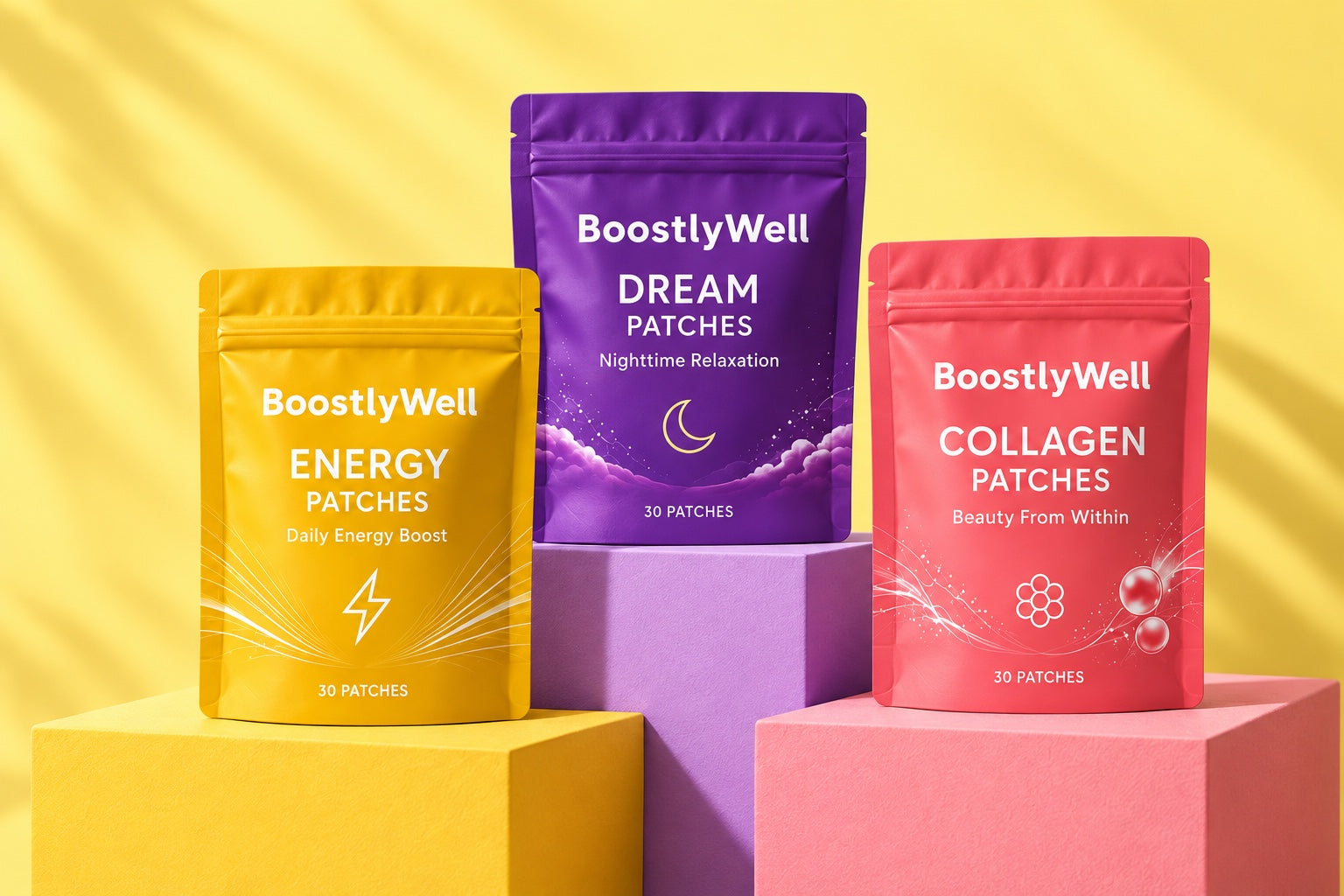 BoostlyWell Energy, Dream and Collagen pouches on colorful display stands
